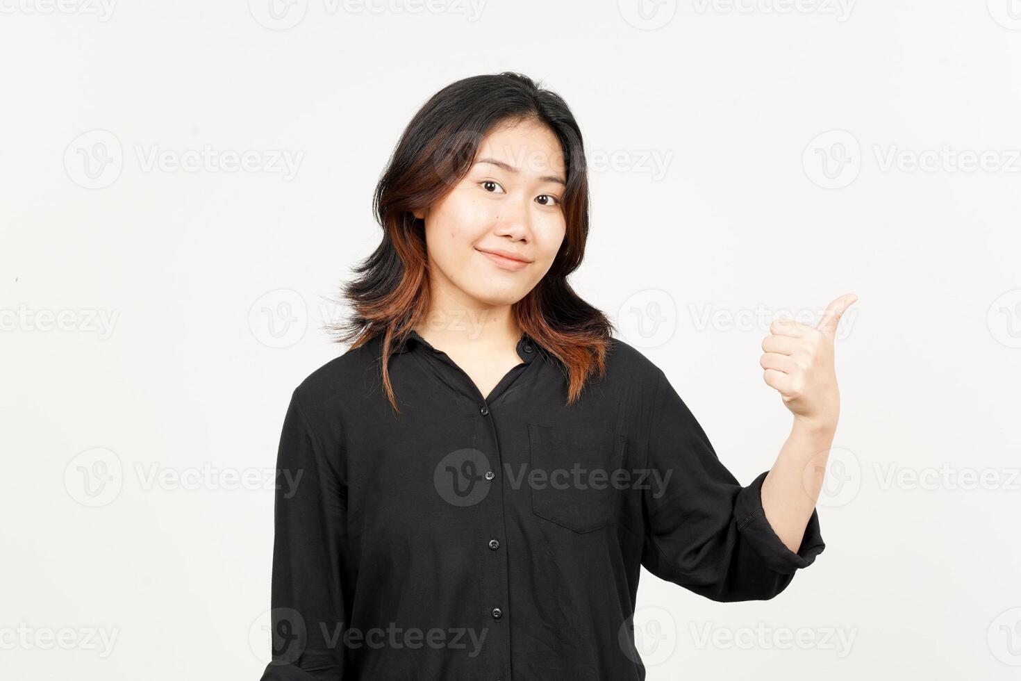 Showing thumbs up of Beautiful Asian Woman Isolated On White Background photo