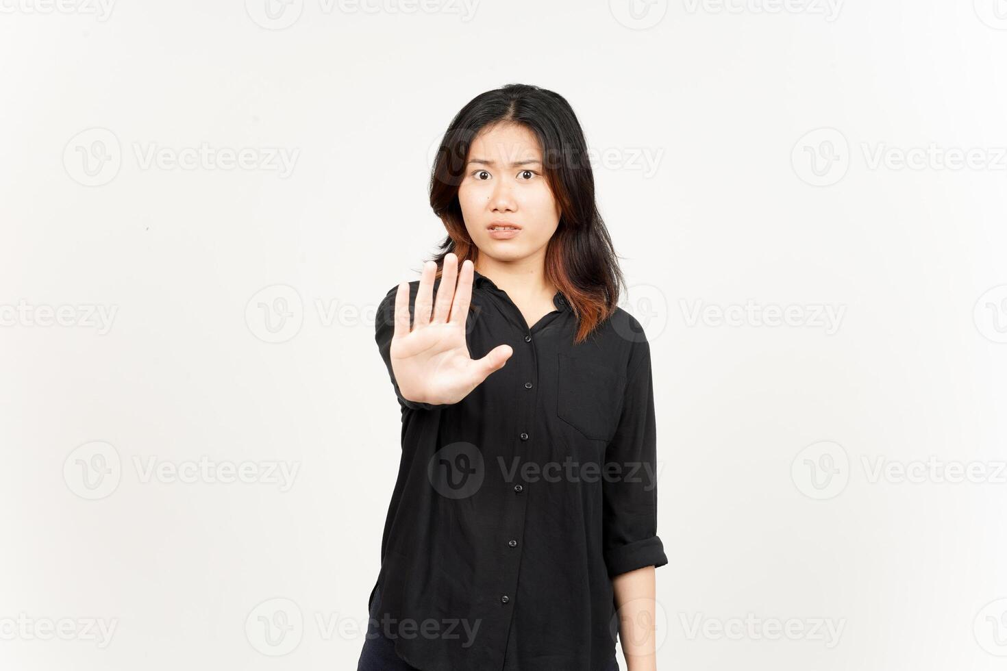 Stop and Rejection Hand Gesture of Beautiful Asian Woman Isolated On White Background photo