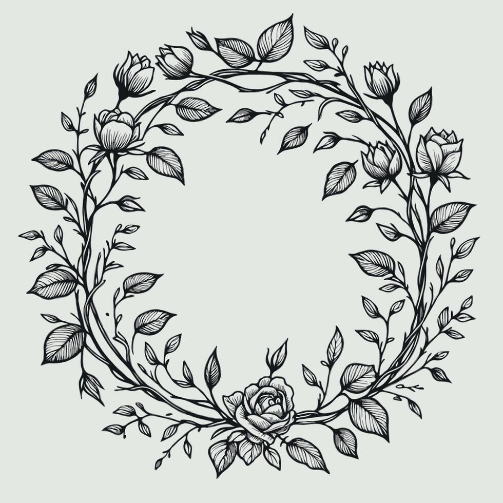 A wreath of roses and leaves in a circle drawing vector