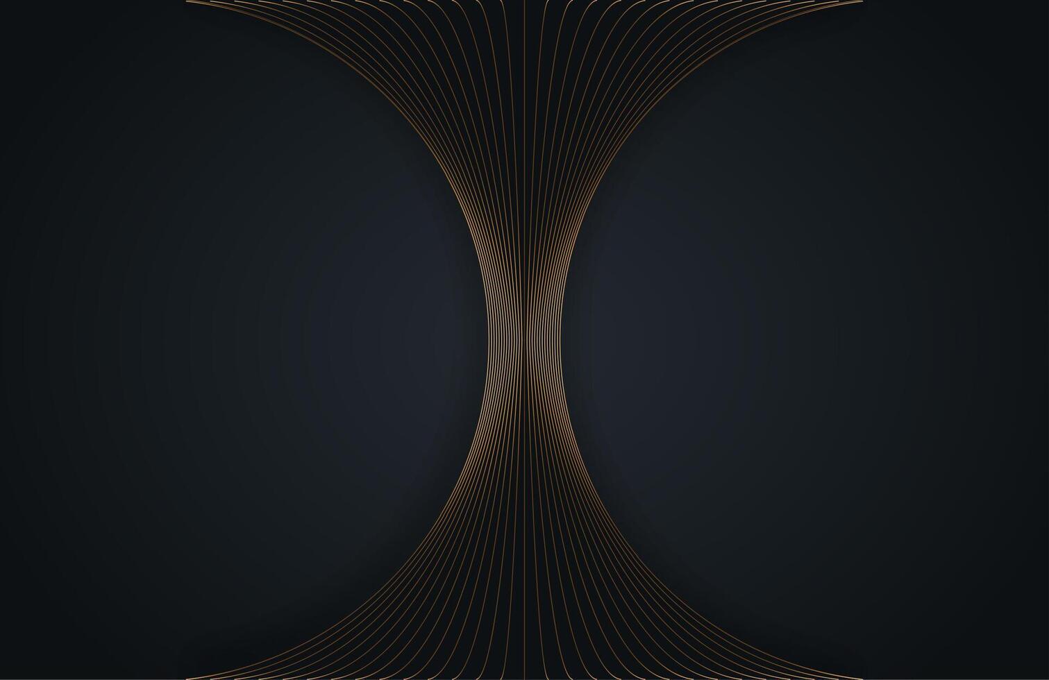 Abstract gold curved lines on black background with lighting effect and copy space for text. Luxury design style. illustration template vector