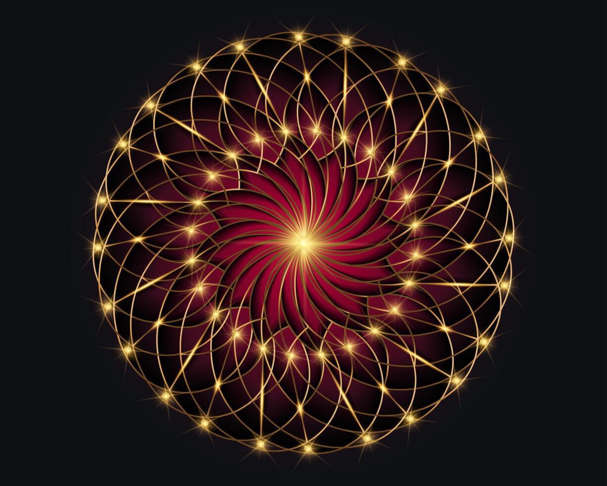 Gold Luxury Sacred Mandala template. Flower round design element isolated dark red background. Circle pattern in golden color. illustration for logo, monogram, web design, decoration, business vector