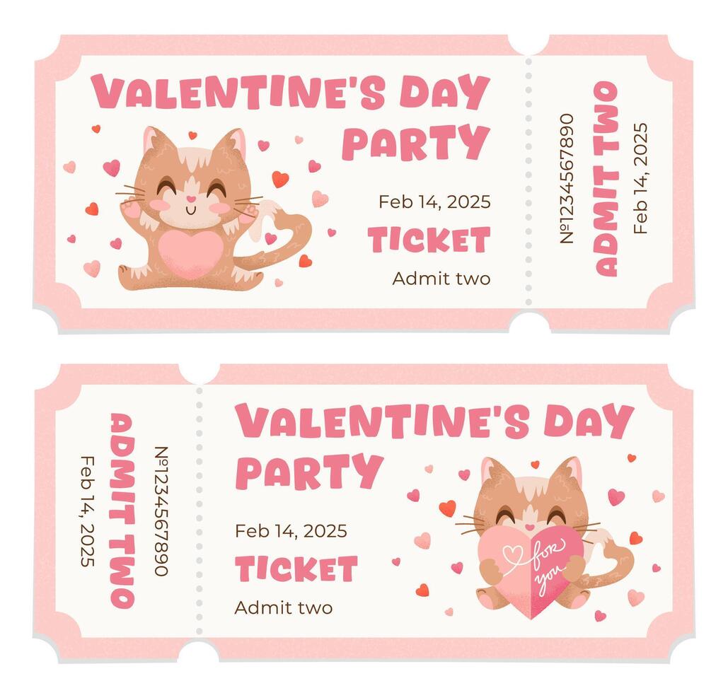 Hand Drawn Cat Valentines Day Party Tickets Set. vector