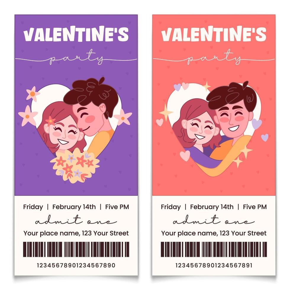 Valentines Party Tickets Set with Couples in Heart vector