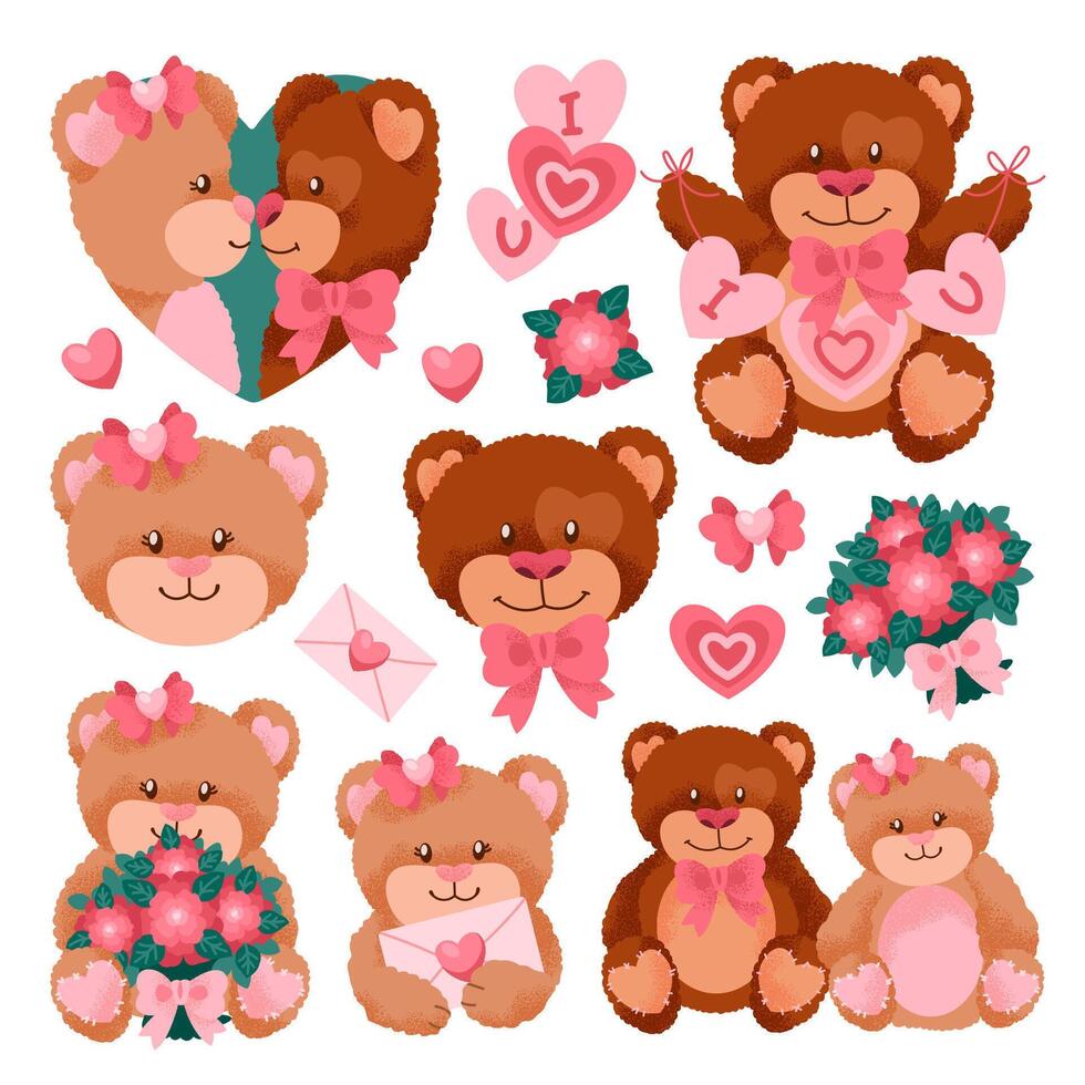 Valentines Day Teddy Bears Textured Characters Set vector