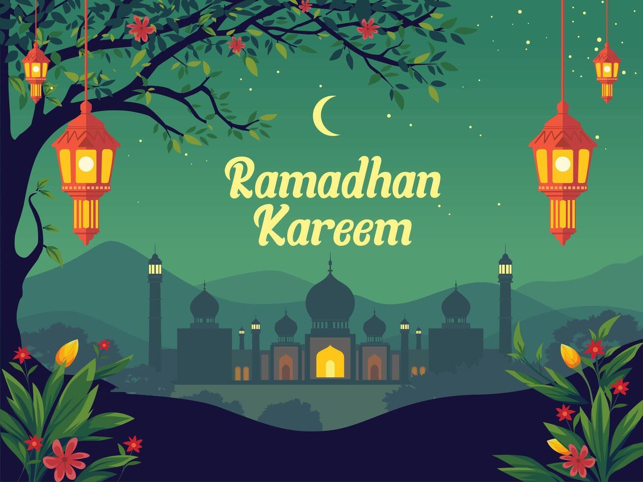 Ramadhan Kareem Poster Illustration with mosque in hill and lantern vector
