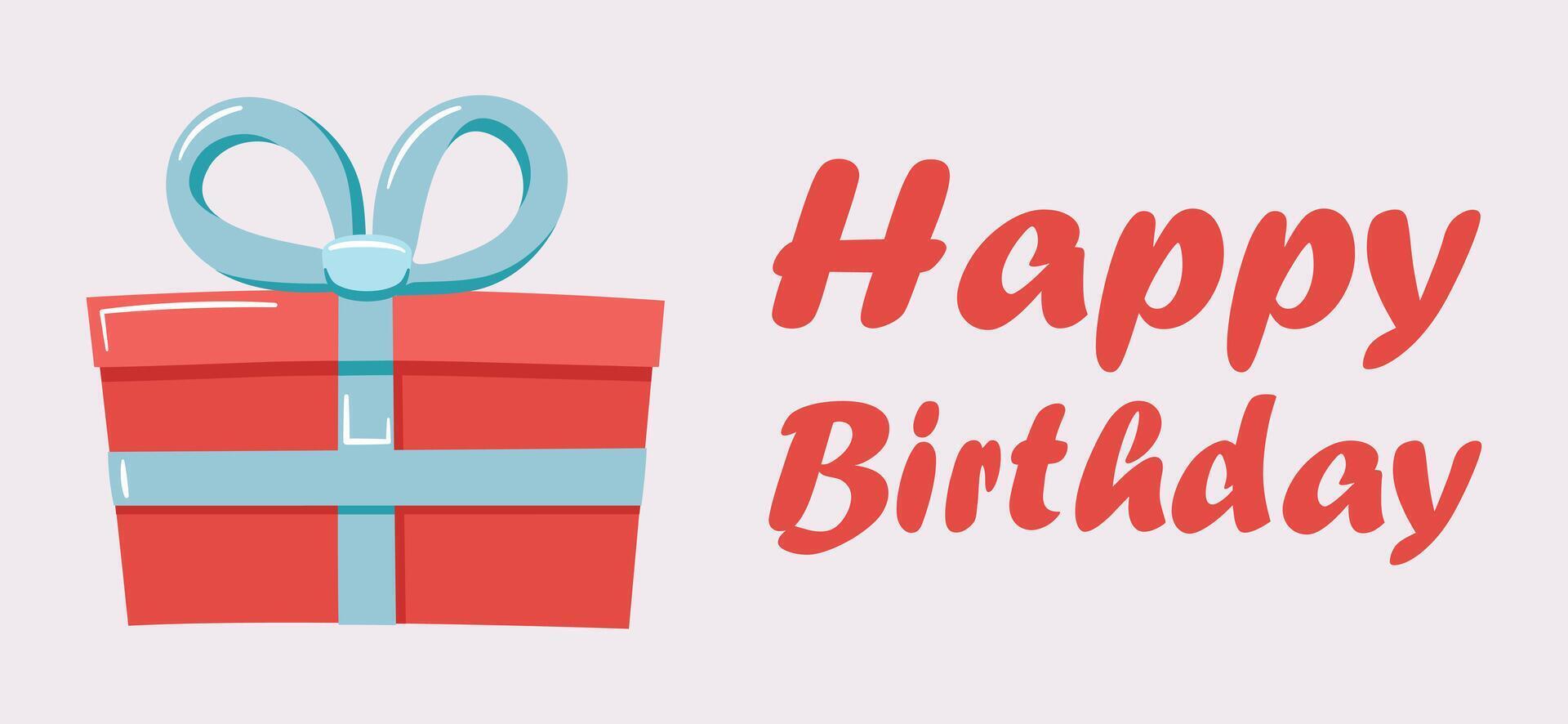 Greeting Card with Gift, text Happy Birthday on white background. Cartoon banner. Red box tied with blue ribbon, bow. Congratulatory surprise holiday, cute present. Color image. illustration vector