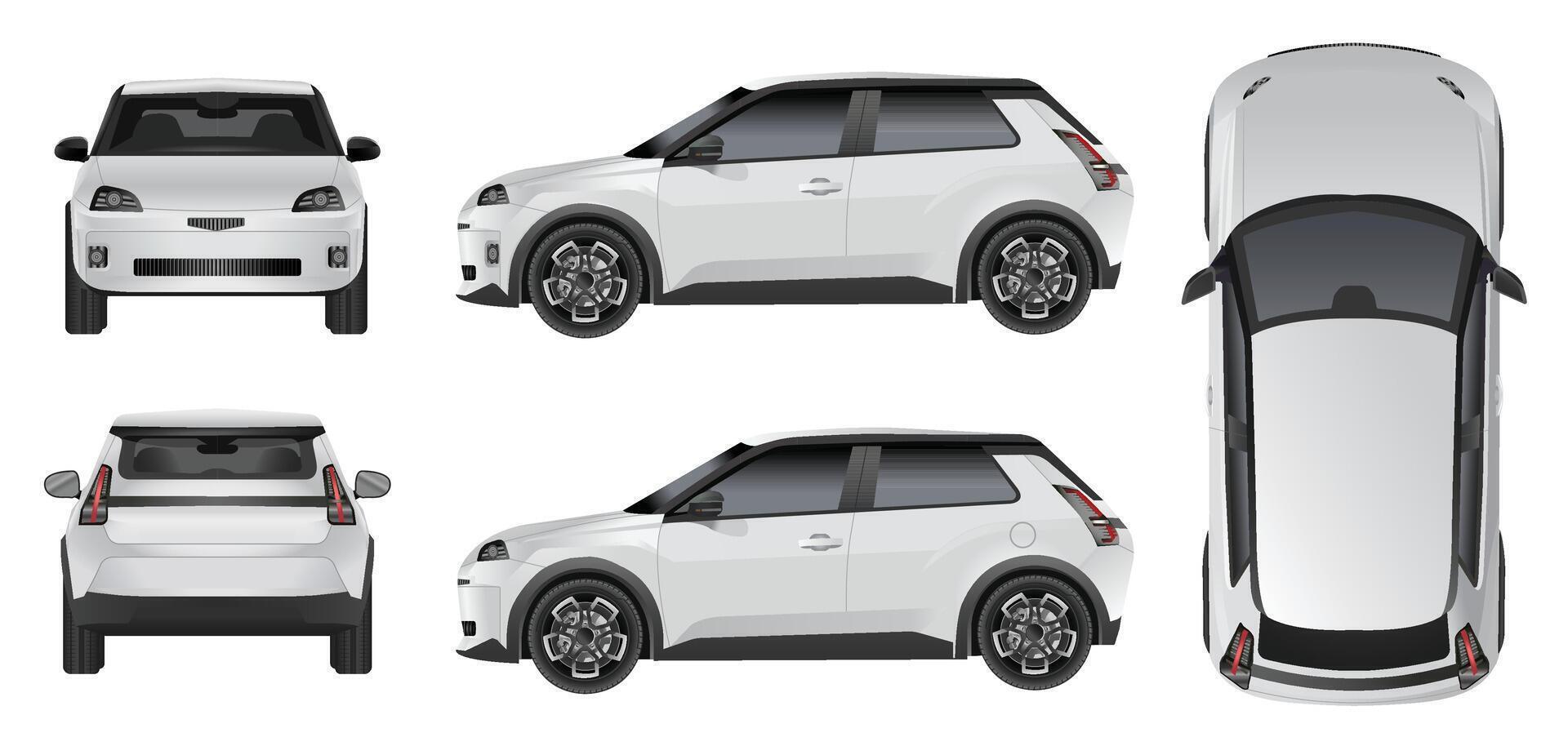 White car Side, front, back, top view. isolated designs on white background. All elements in the groups on separate layers. vector