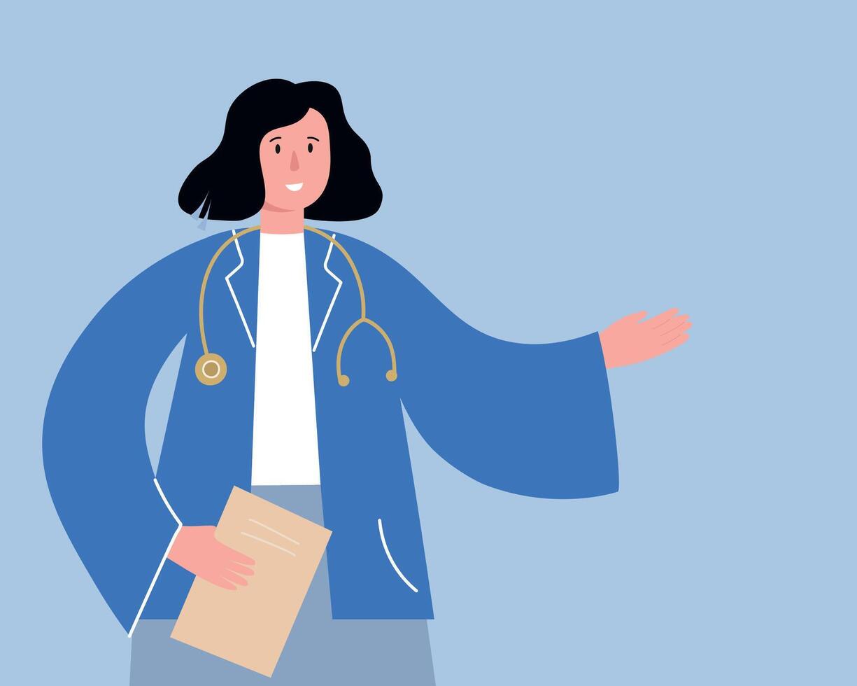 A female doctor in a medical uniform points and points something with her hand. The medical worker shows and explains. flat illustration. vector