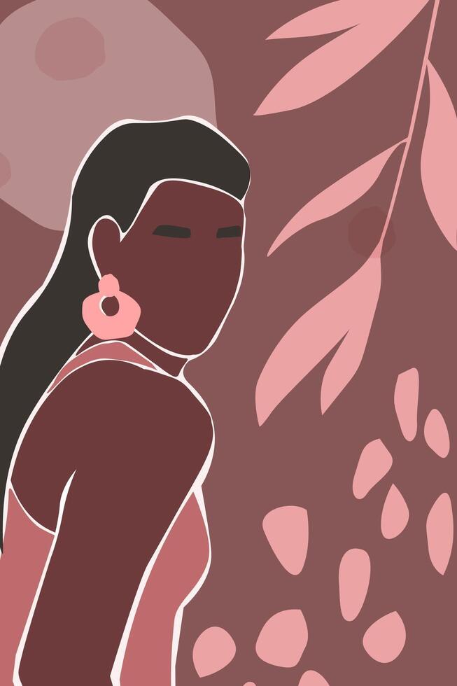 Abstract poster with a silhouette of a girl on a background of leaves and abstract shapes. vector