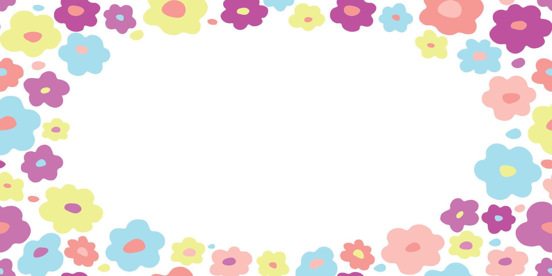 Rounded rectangular frame with simple abstract multicolored flowers with copy spice. vector