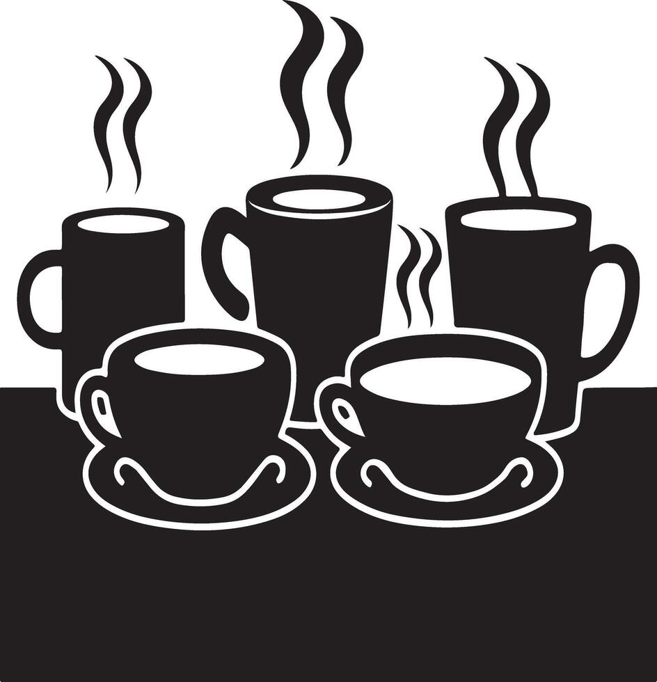 Hot drinks steaming mugs of coffee, cocoa, and tea Silhouette Art Illustration on a white background, illustration of several steaming coffee cups and saucers arranged on a rustic wooden table. vector
