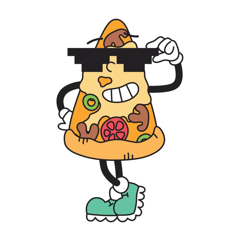 Groovy retro character pizza slice in sunglasses pixel art. Junk food, fast food. Isolated illustration vector