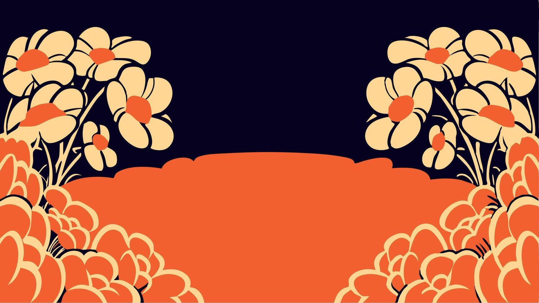 An orange and black background with flowers vector