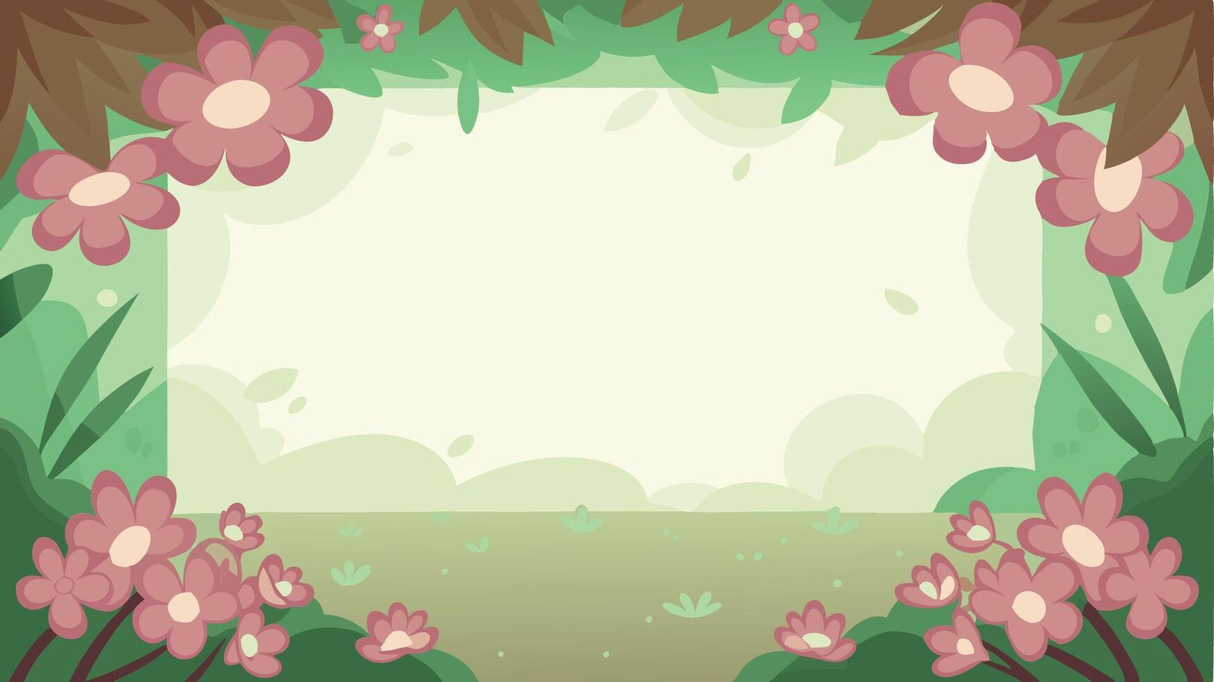 A cartoon frame with pink flowers and leaves vector