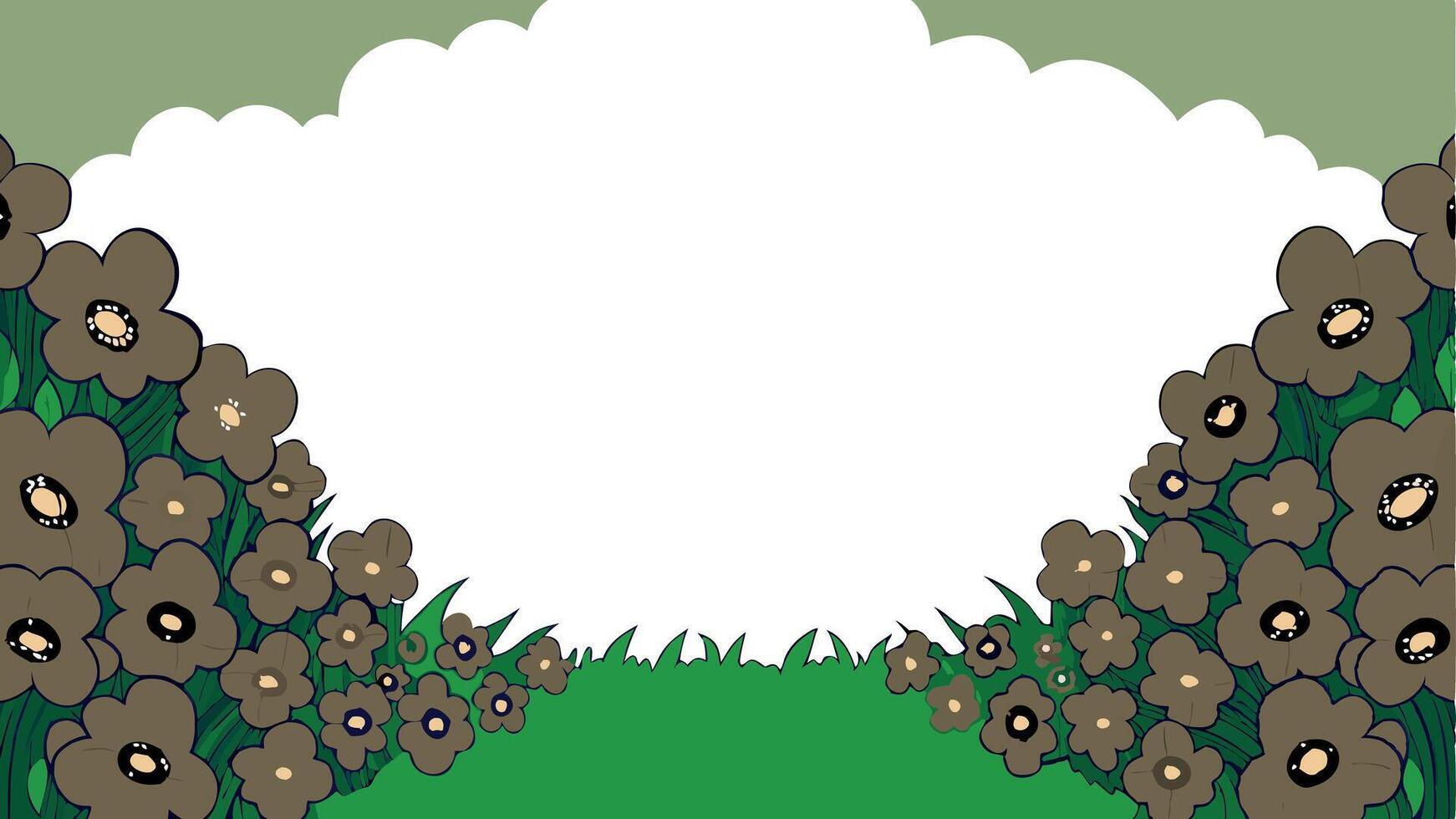 A cartoon field with flowers and clouds and a blank space vector