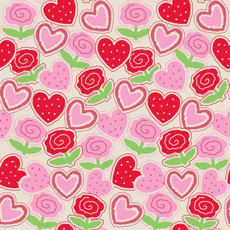 Seamless Valentine Flower And Heart Shaped Cookies Pattern On Natural Background vector