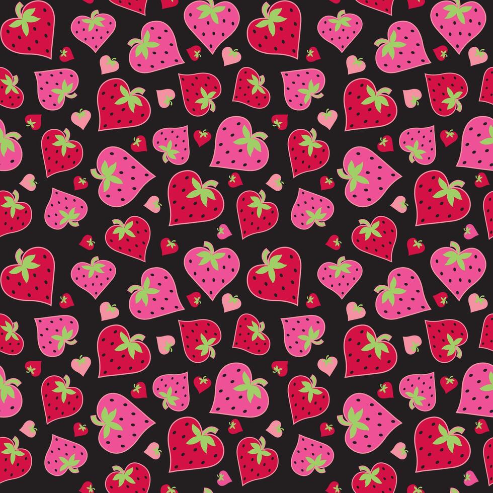 Seamless Valentine Strawberry Heart Shaped Pattern On Black Background vector