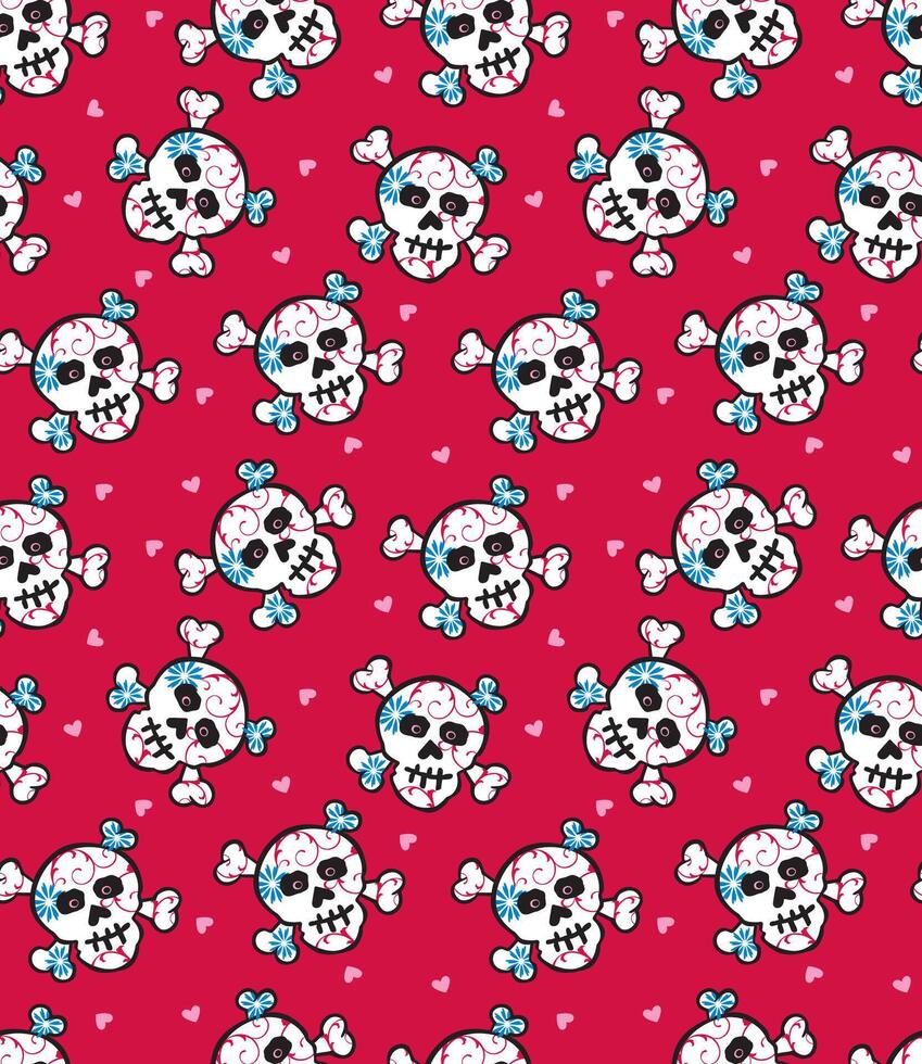Seamless Funky Skull With Heart For Paper Gift Wrap And Fabric Print vector