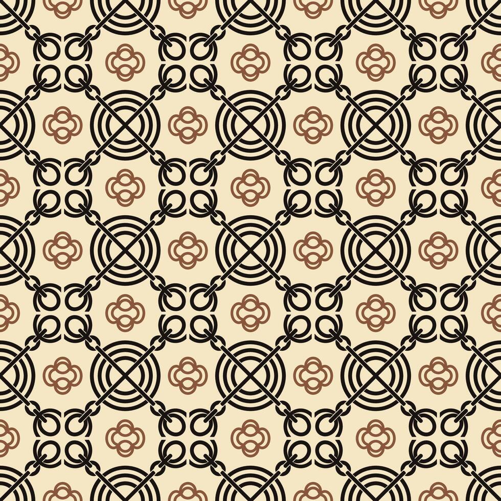 Seamless geometric pattern featuring floral and circular motifs with black and brown accents on a beige background, ideal for wallpapers, textiles, and digital designs. vector