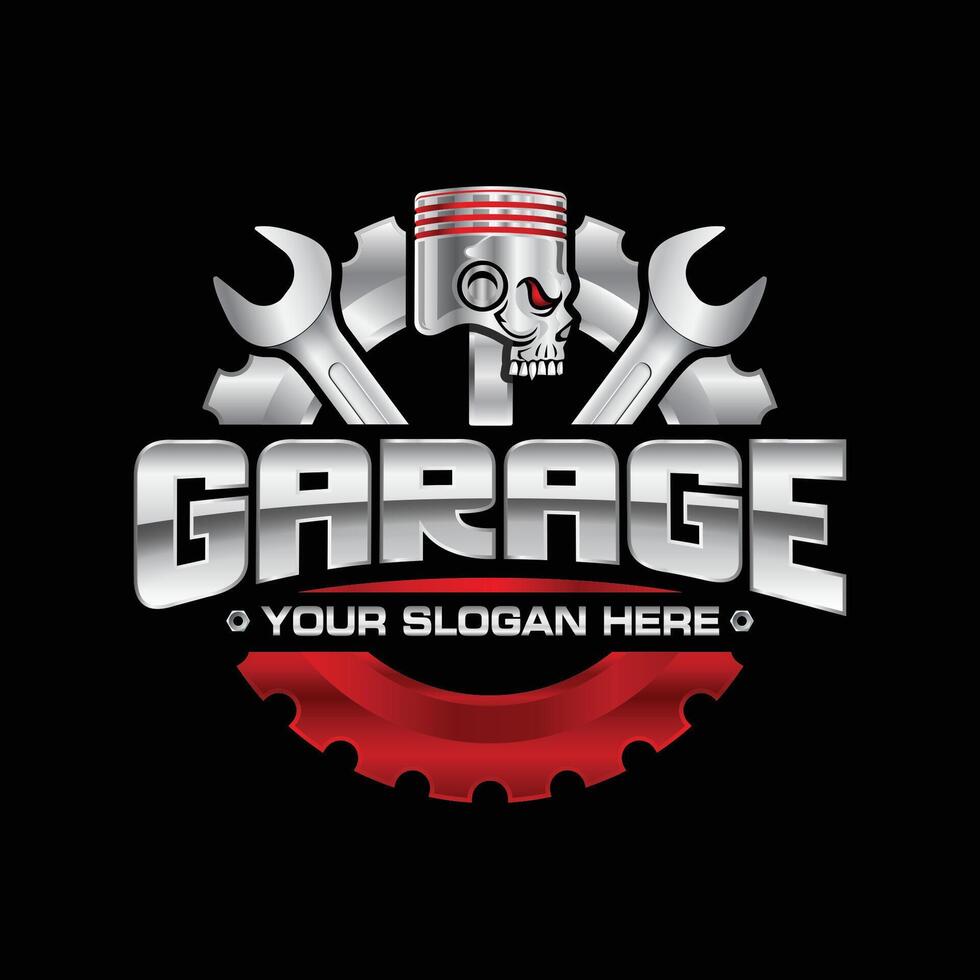 Automotive Garage Logo. Combination of automobile tools gear, piston, and wrench. vector