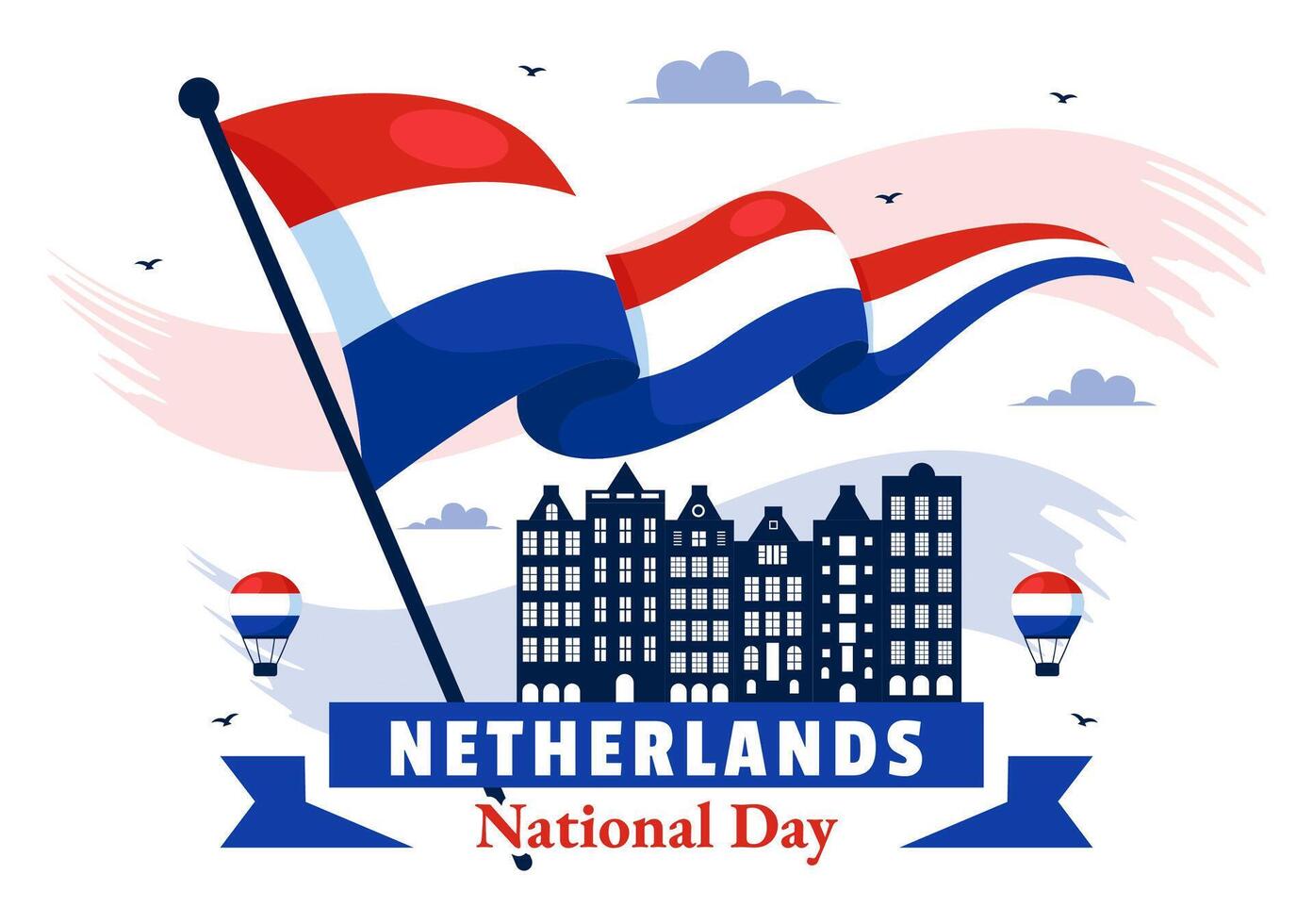 Flat Cartoon Style of Happy Netherlands National Day Featuring a Waving Flag and Blue Sky vector