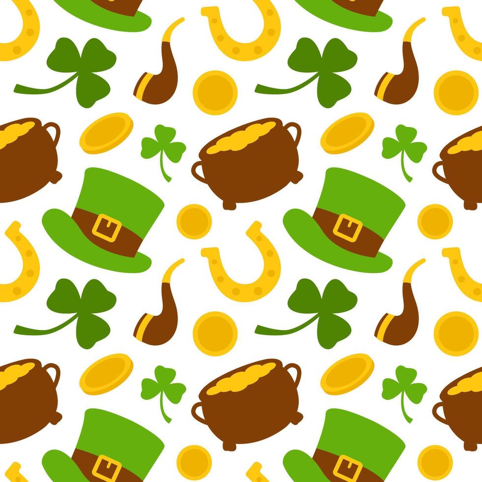 Saint Patrick's Day Decoration Seamless Pattern in Cartoon Hand-Drawn Style vector