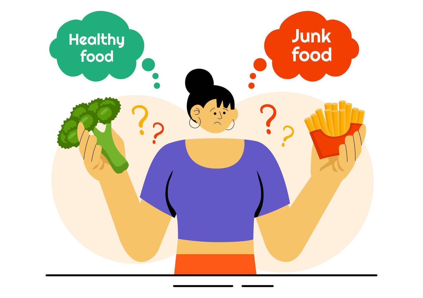 Illustration of People Comparing Healthy and Fast Food Options for a Balanced Diet vector