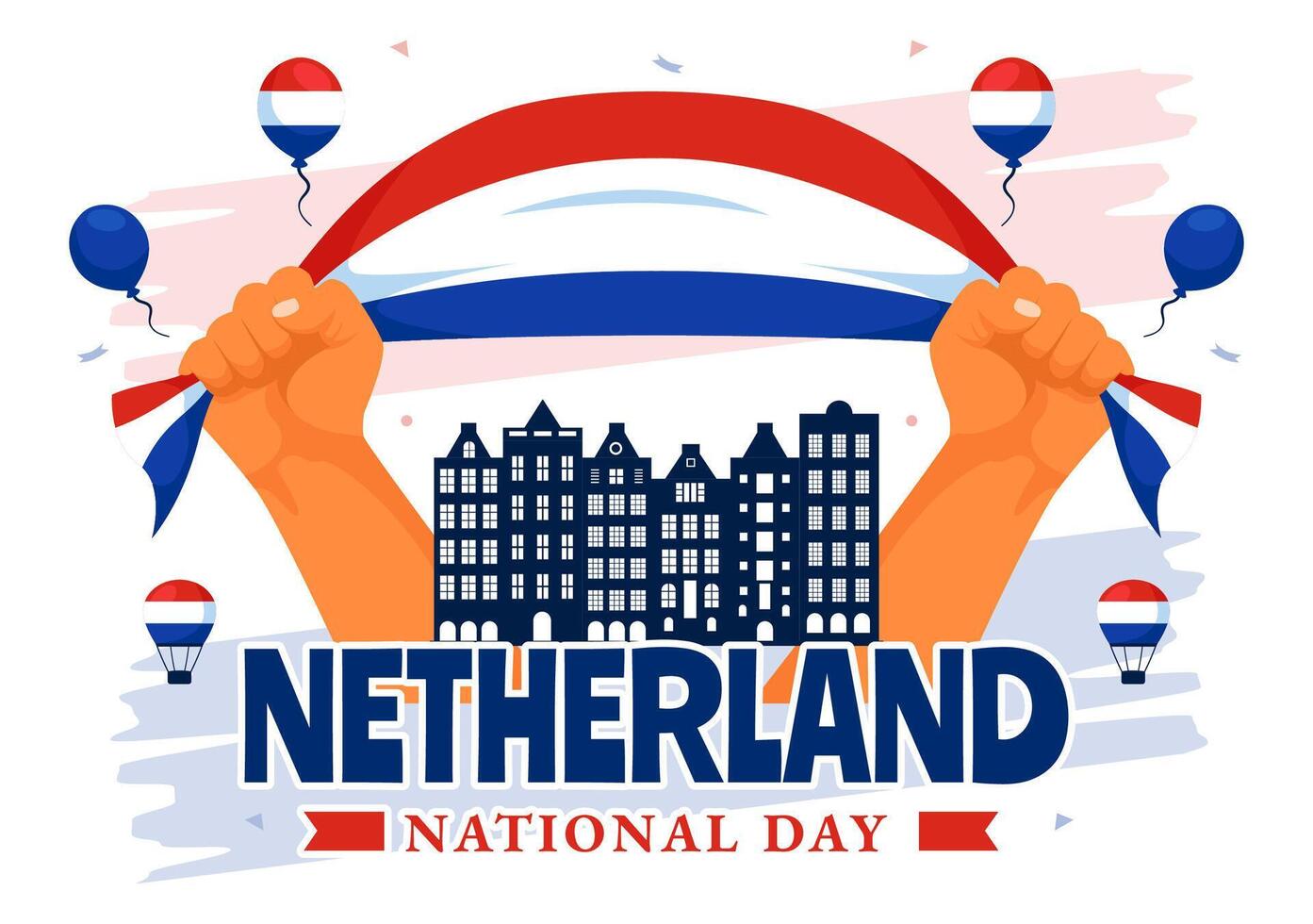 Celebrating Dutch National Day with Netherlands Flag and Sky Blue Background in Flat Design vector