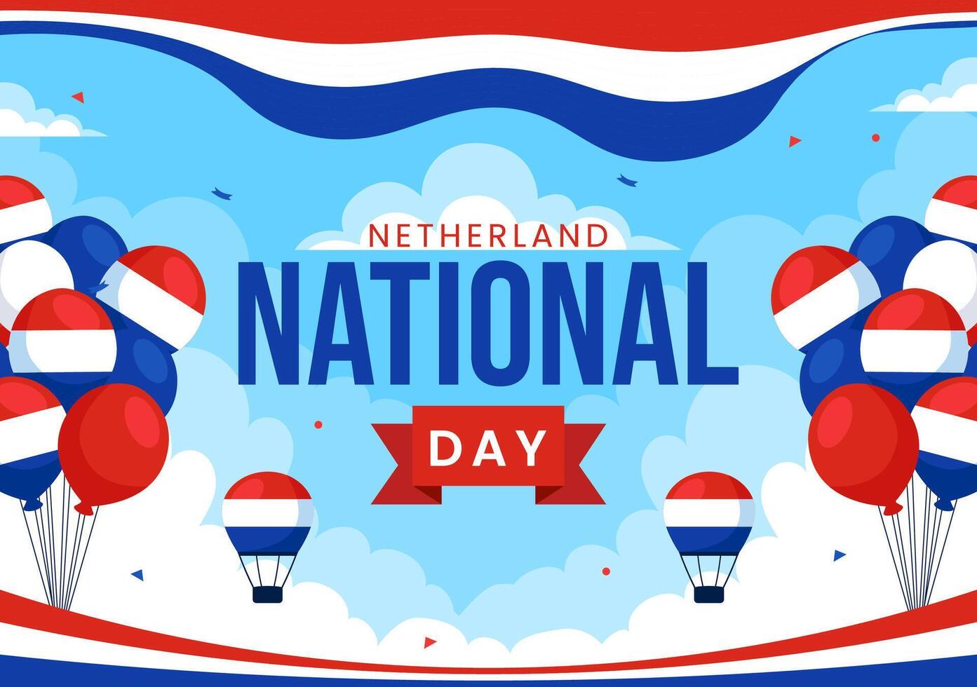 Illustration for Netherlands National Day Celebration with a Waving Flag on a Sky Blue Background vector