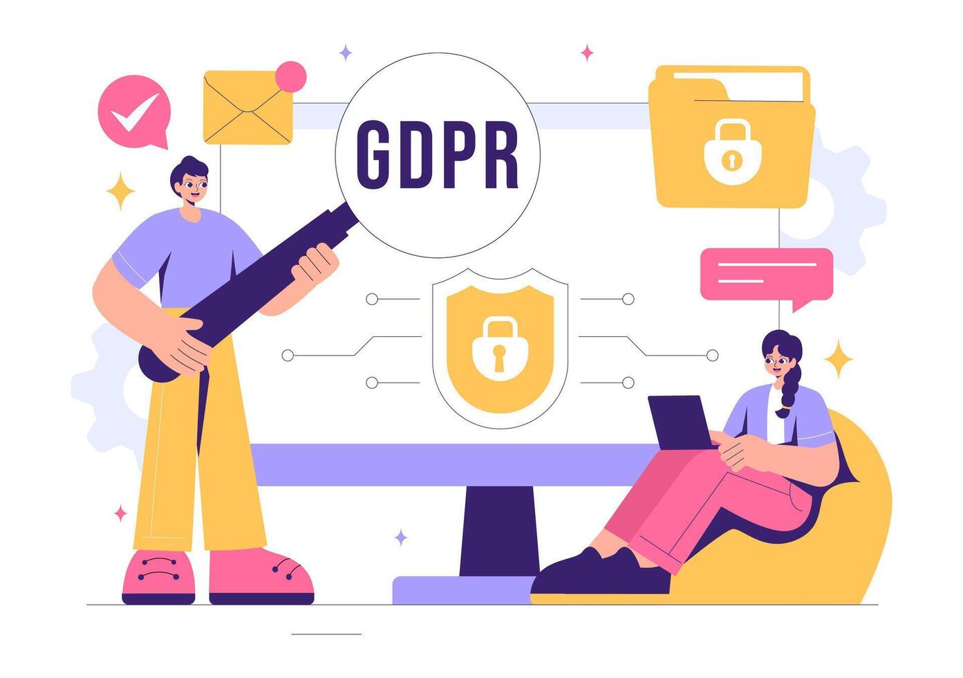 GDPR Illustration Featuring Cybersecurity Measures and Personal Data Privacy vector
