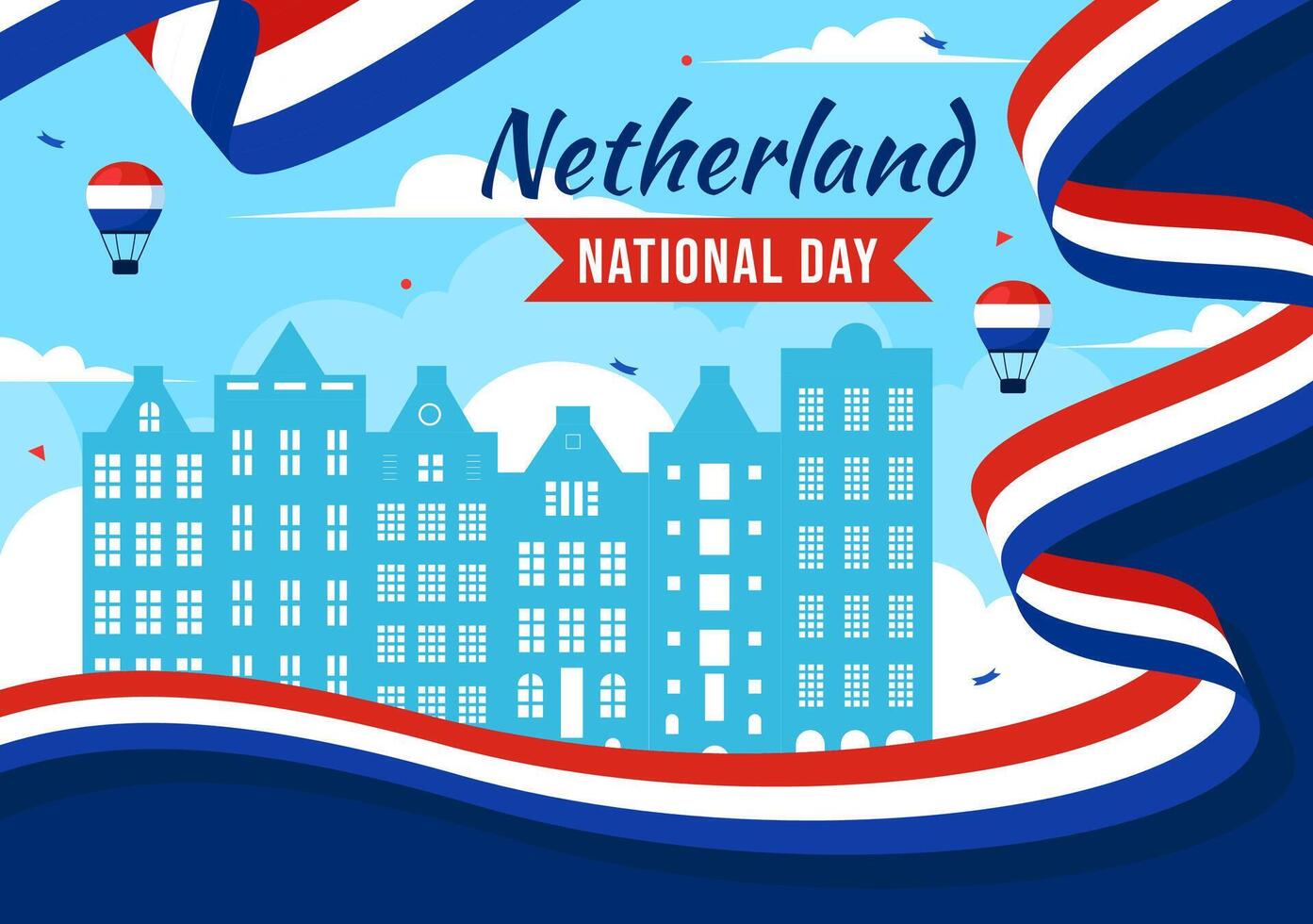 Design of Netherlands National Day with a Flying Flag on a Sky Blue Background in Flat Style vector