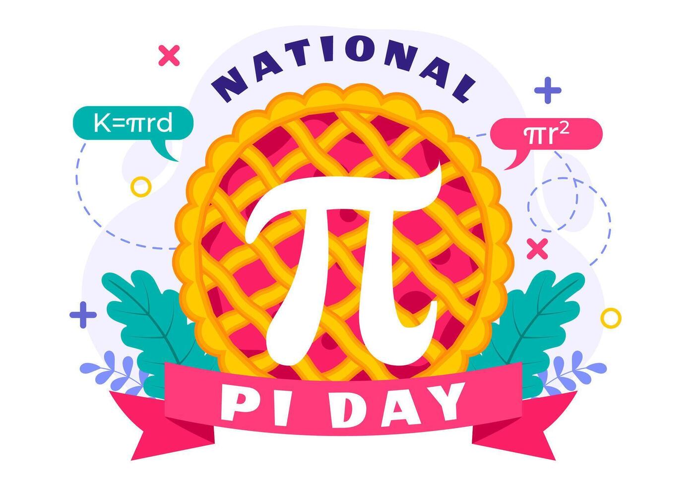Pi Day Holiday Art featuring Math Equations, Greek Letters, and Delicious Pie in Flat Style vector