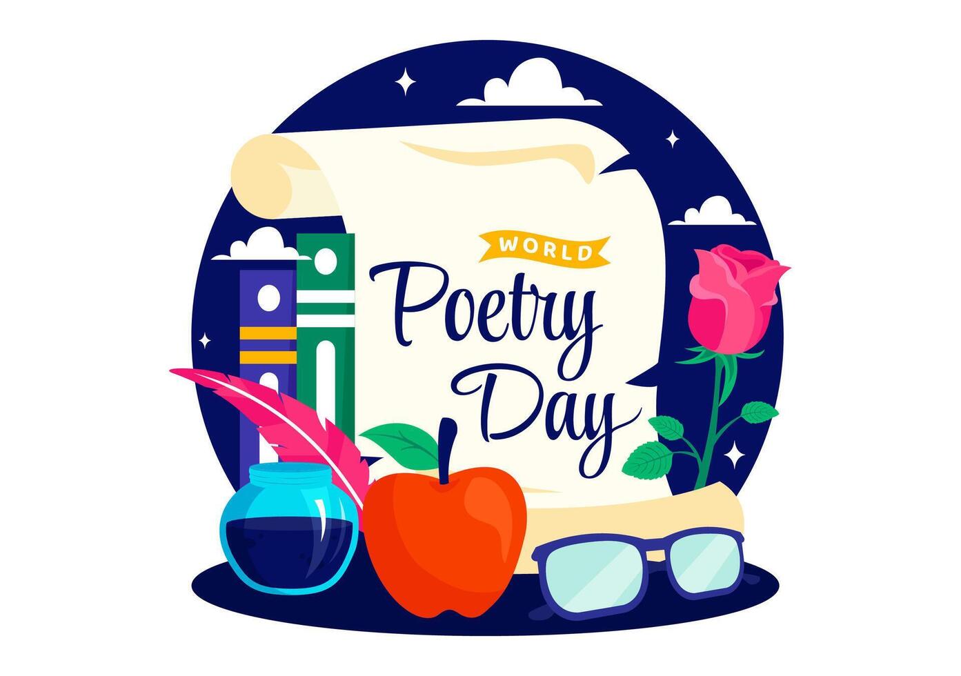 World Poetry Day Celebration Artwork Featuring Quill, Typewriter, and Books vector