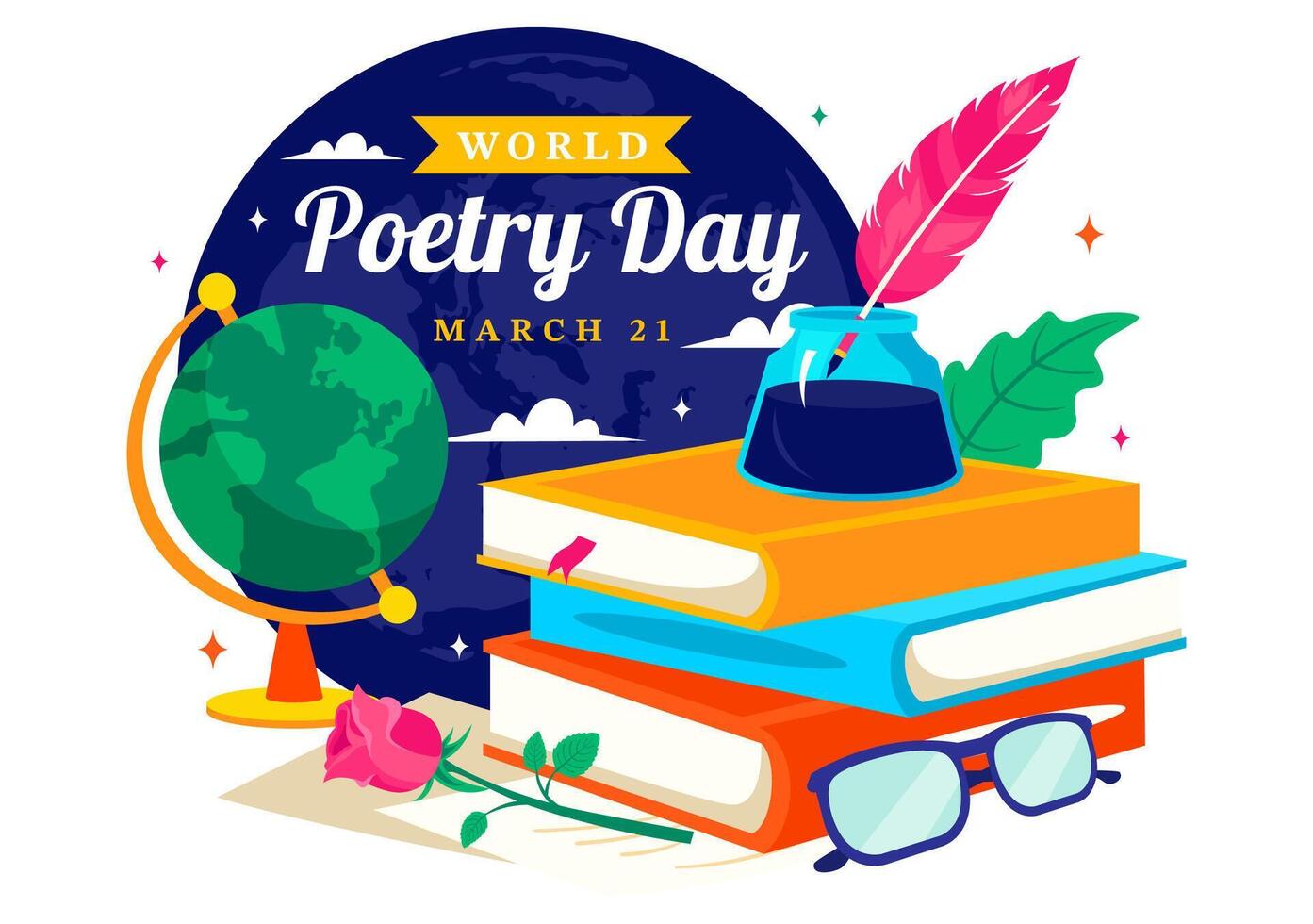 March 21 World Poetry Day Design Featuring Quill, Ink, and Typewriter for Literature Enthusiasts vector
