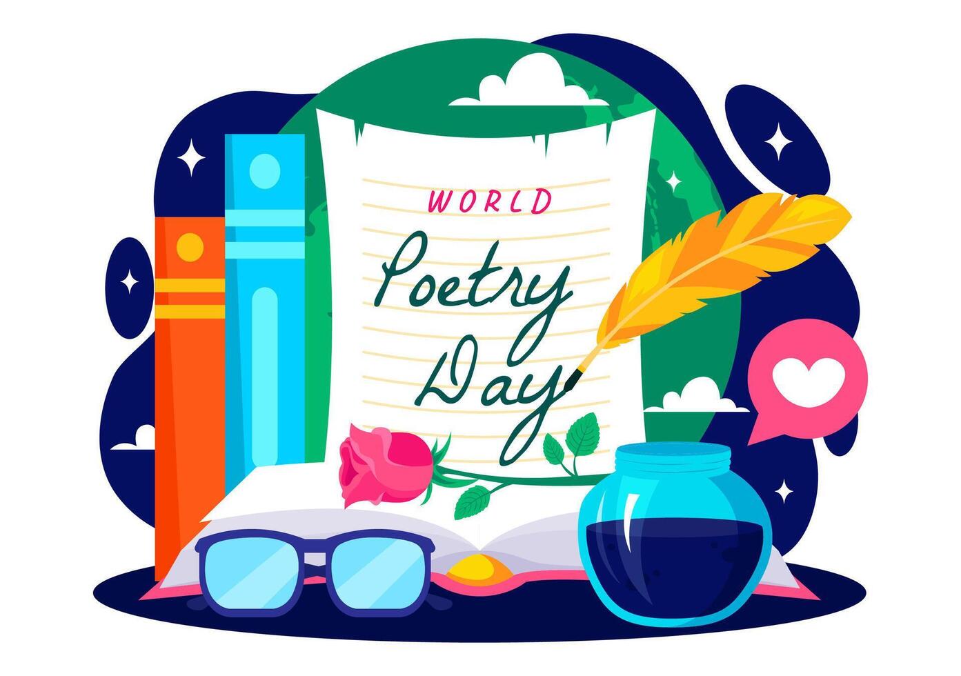 World Poetry Day Illustration on March 21 with Writing Tools and Literature in a Flat Style Background vector