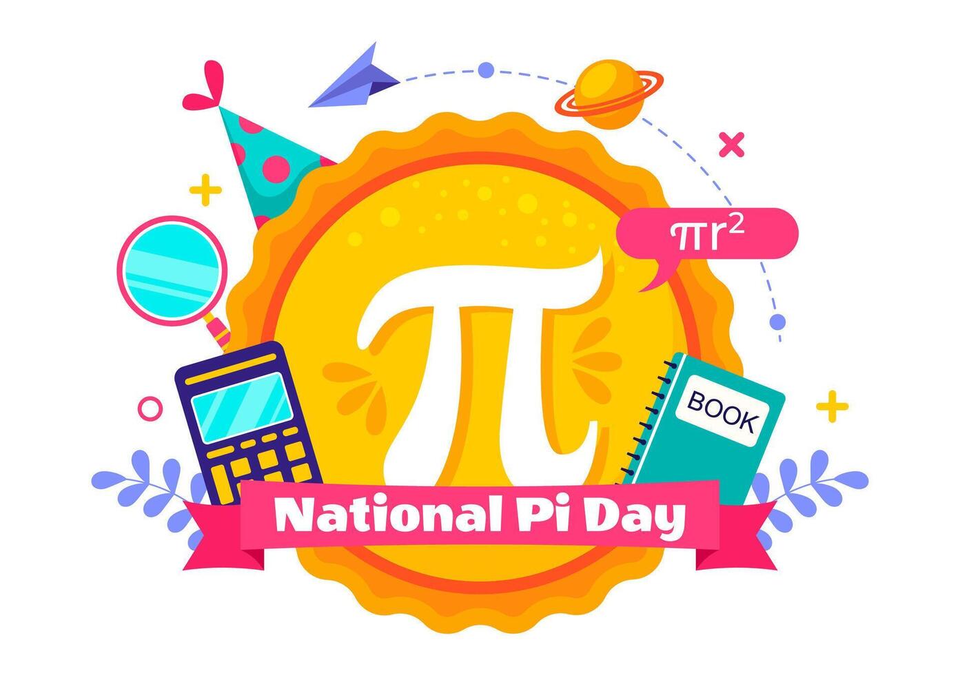 March 14 Pi Day Celebration with Mathematical Symbols, Greek Alphabet, and Baked Pie Art vector