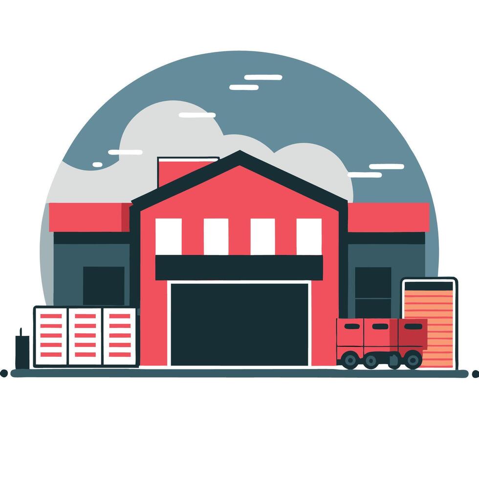 Conceptual Illustration of a Modern Industrial Warehouse Complex Set in a Vast Outdoor Landscape vector