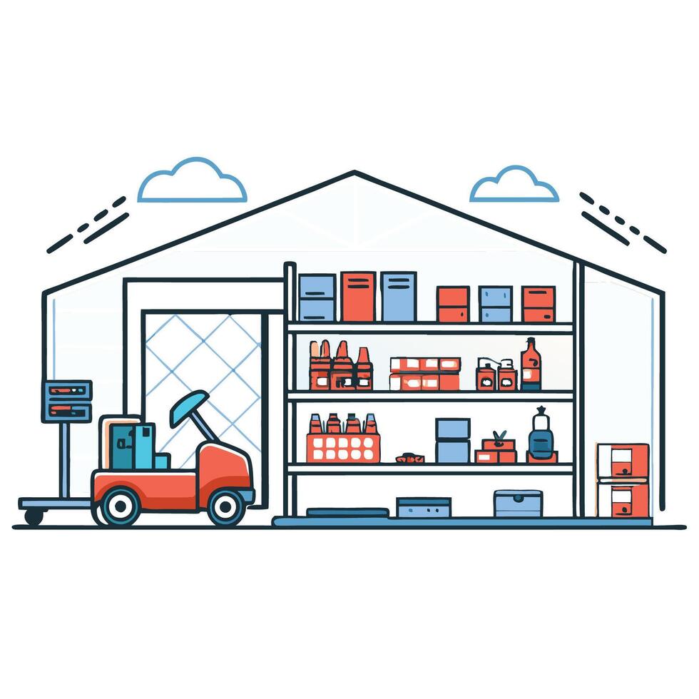 Modern Industrial Warehouse Interior Concept with Mezzanine and Concrete Walls vector