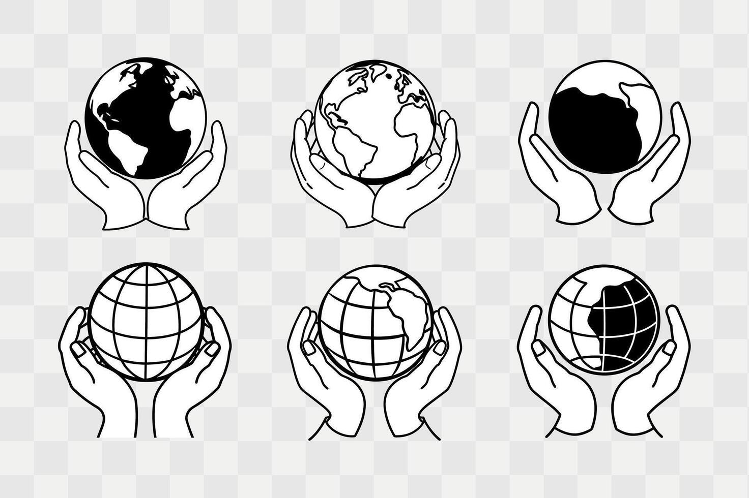 Hands holding globe silhouette icon set vector