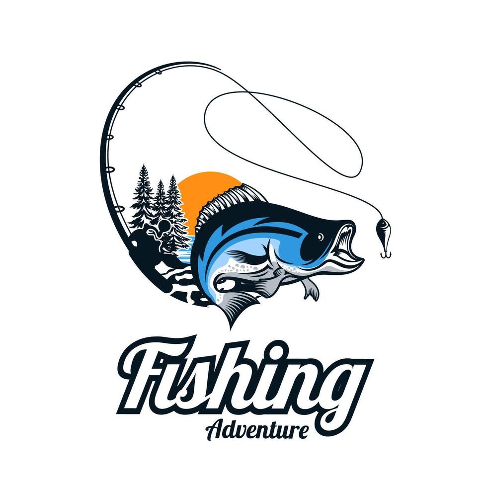 bass fish jumping out of the water with a sunset and forest in the background vector