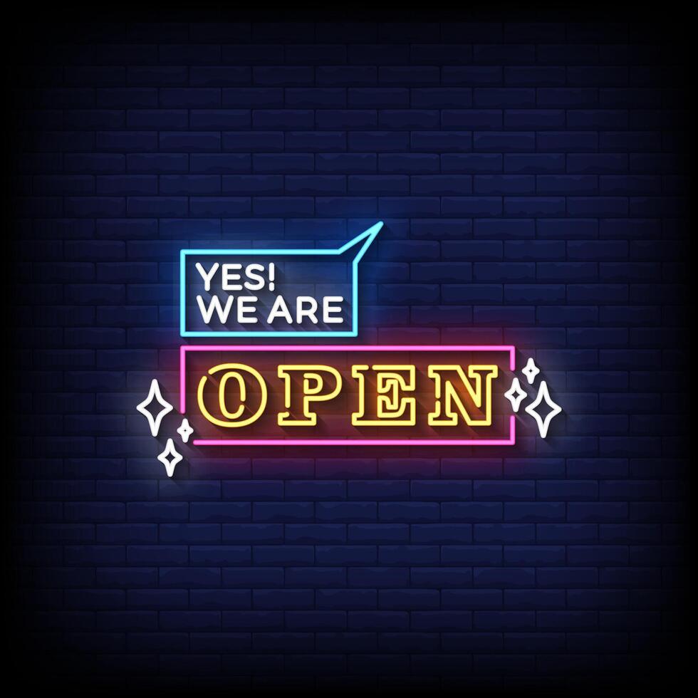 yes we are open neon sign style with brick wall background vector