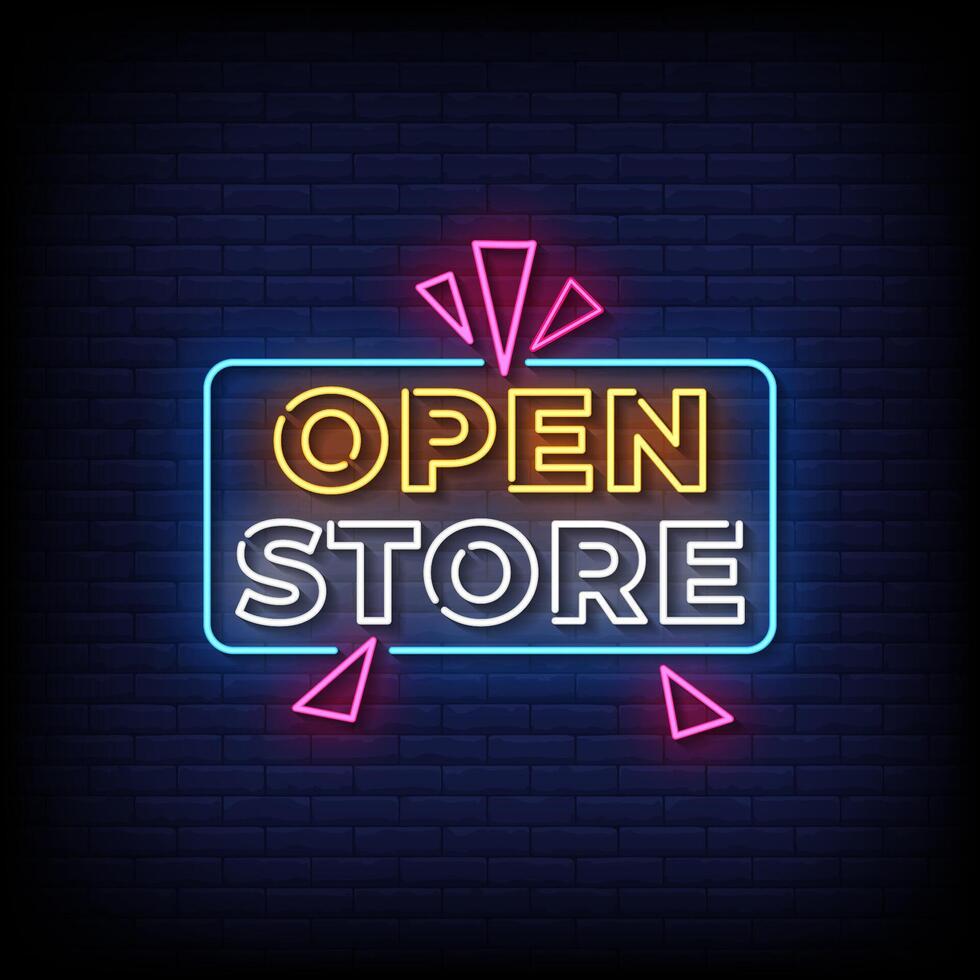 open store neon sign style with brick wall background vector