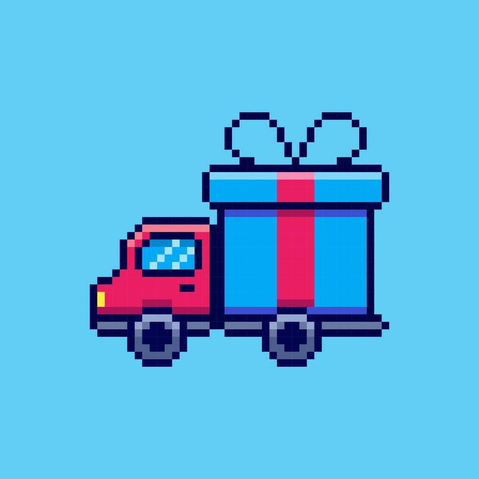 Pixel art Delivery Truck with Gift Box game asset design vector