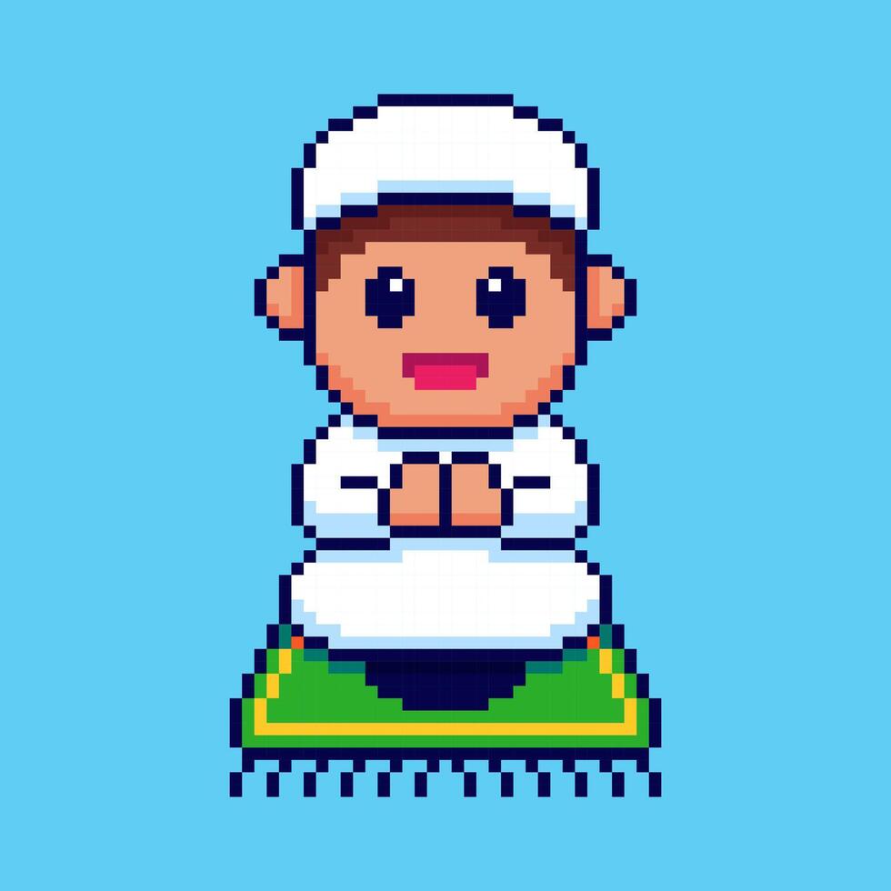 Pixel art Muslim Boy Praying During Eid Celebration game asset design vector