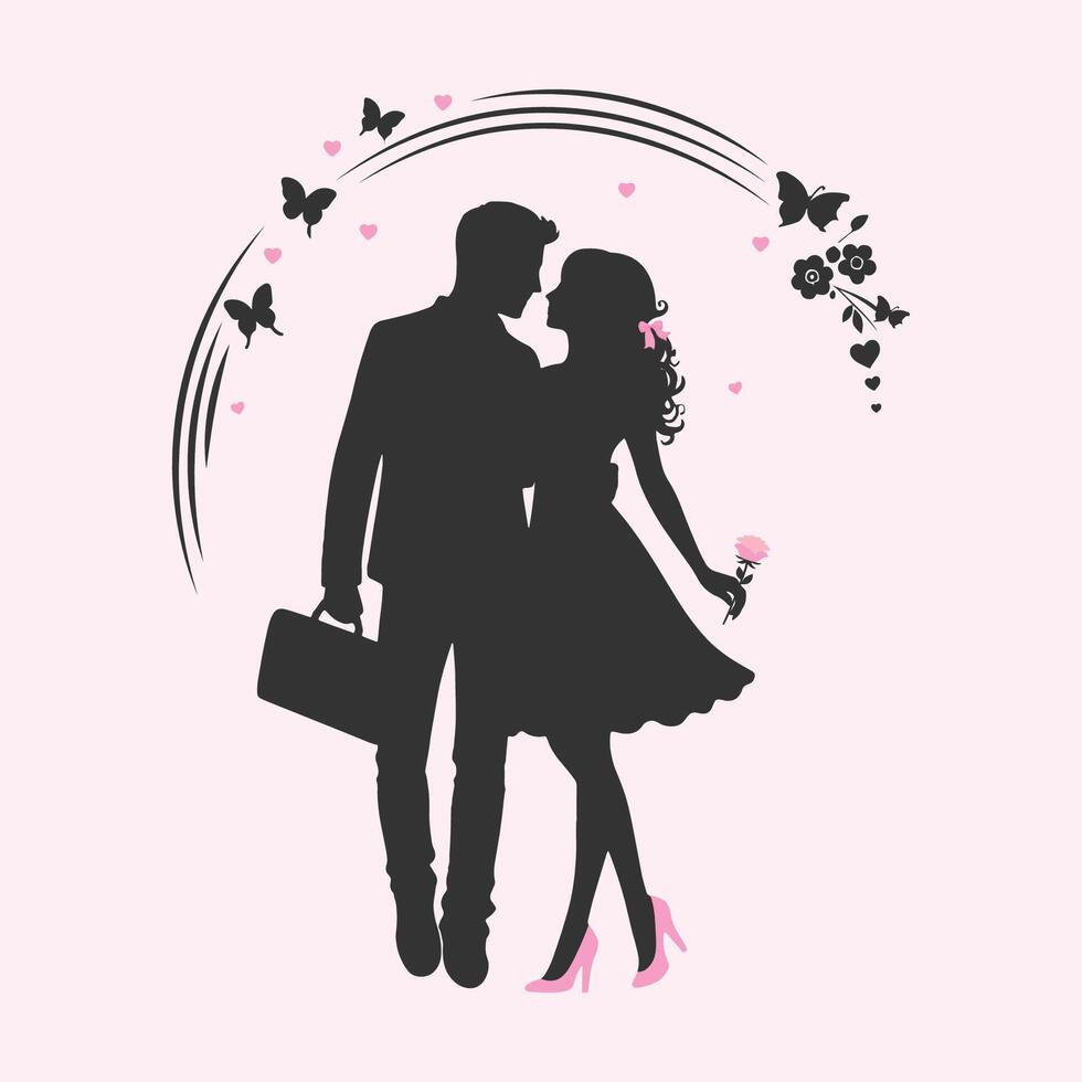 Silhouette of a couple on pink background vector