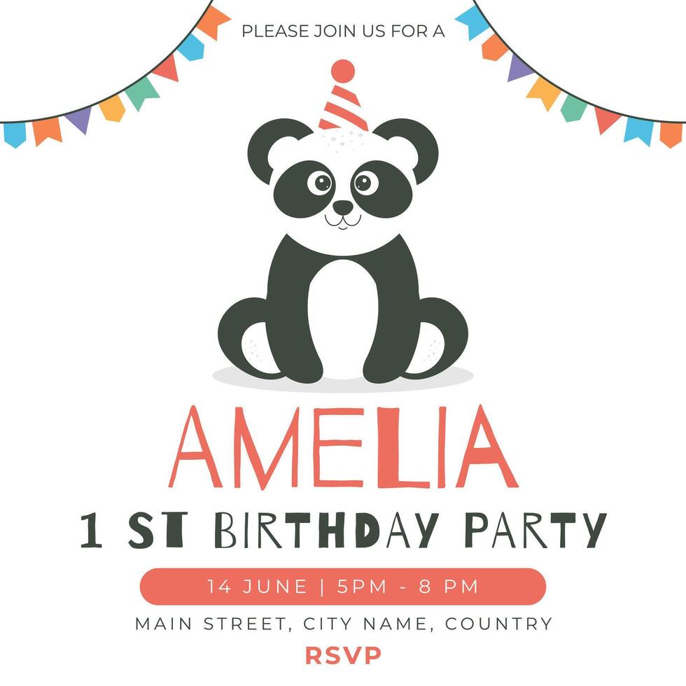 Greeting and invitation for first Birthday party. Cute baby animal panda in flat childrens style. illustration, design for card, poster, event vector