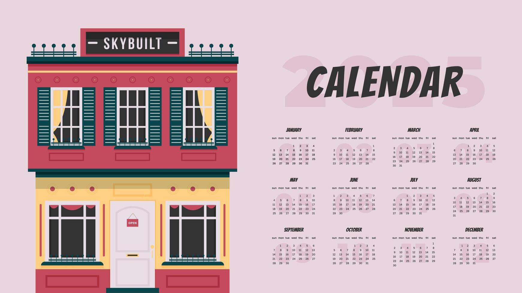 Full calendar for construction company 2025 with urban house. Modern style design for printing. Business illustration on light background vector