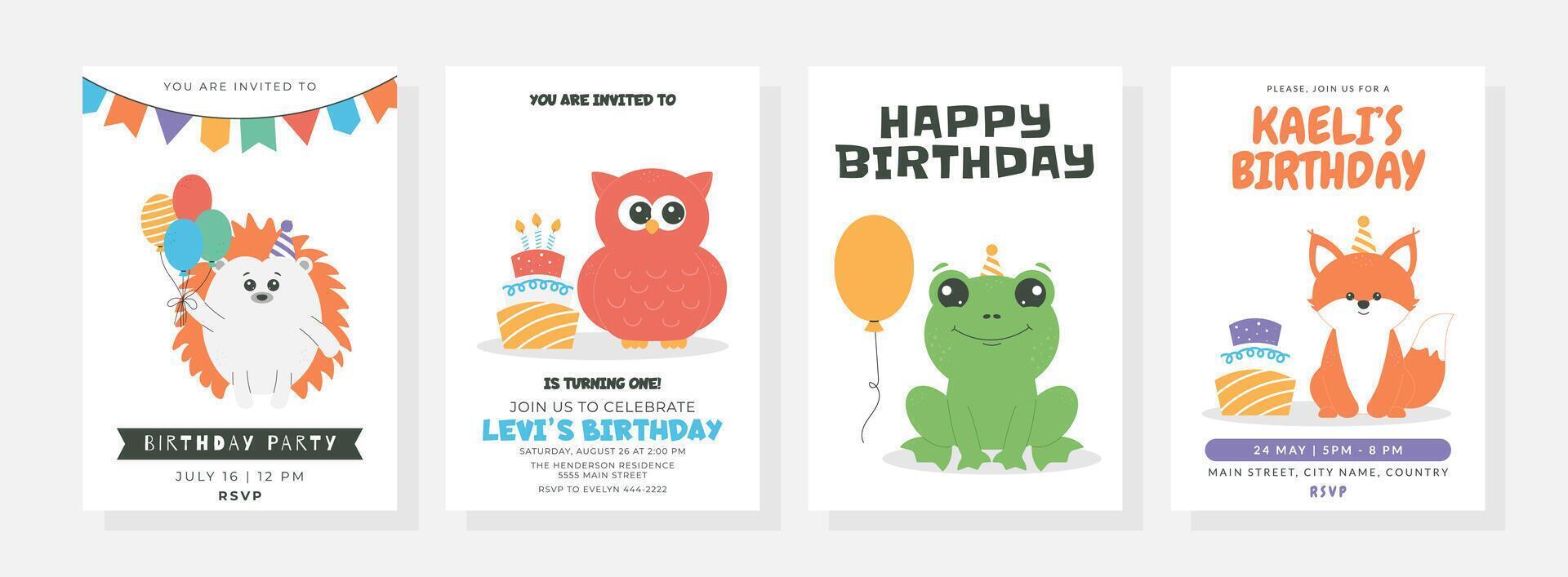 Happy birthday posters set with cute little owl, hedgehog, frog, fox, balloons, cake, candles, hat. Birthday party illustration for greeting card, invitation, banner and more vector