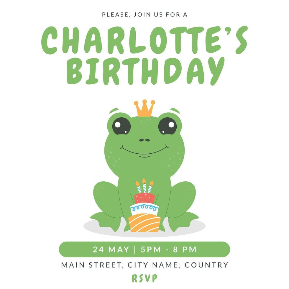 Greeting and invitation card for kids Birthday party. Cute baby frog and cake in flat childrens style. illustration, design for card, poster, event, prints vector