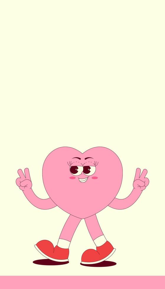 Vertical stories template with walking heart character in trendy retro groovy style. Social media post with psychedelic mascot. illustration with copy space vector